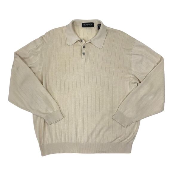 BRANDINI Italy Silk Polo Top Men XXL Sand Wide Rib Business Casual Academia Y2K - Picture 1 of 10